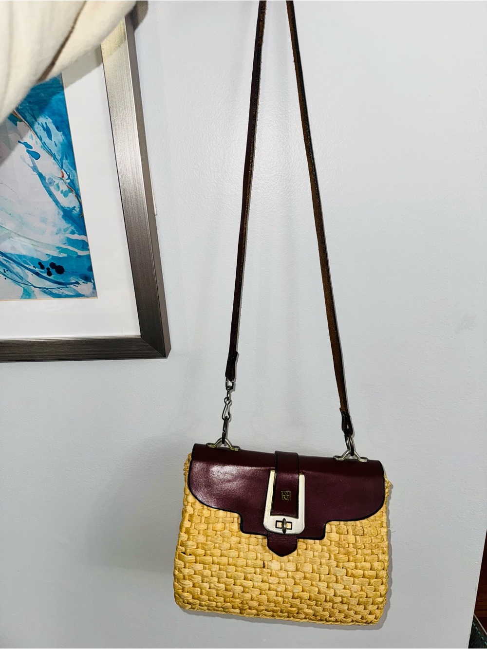 Vintage Borelli Collection Woven Straw & Maroon Leather Flap Crossbody
